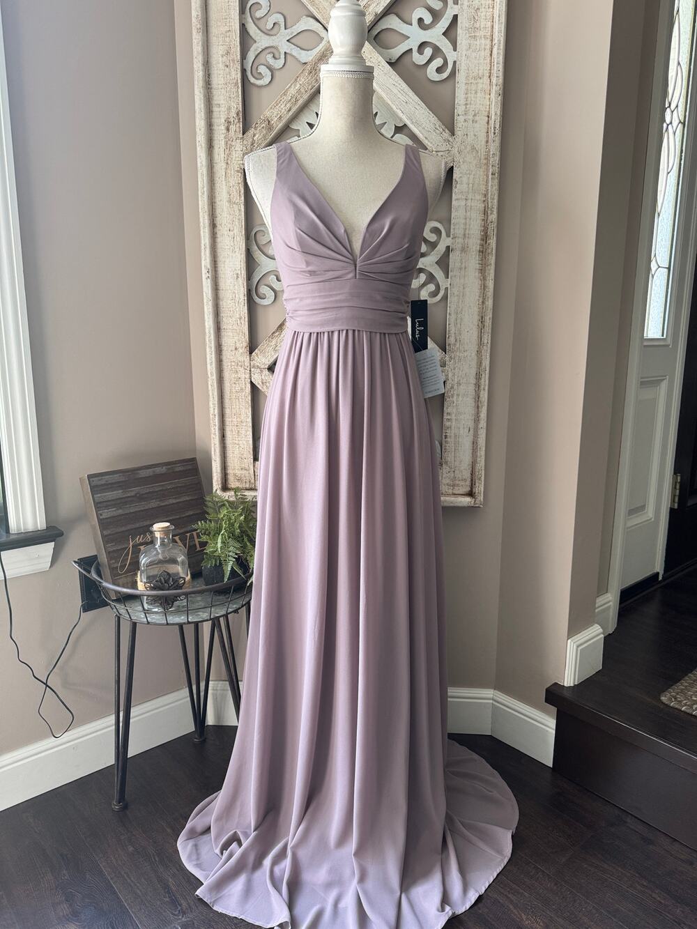 Lulus Ruched A‑Line Taupe Purple Chiffon Maxi Dress XS NWT Formal Gown